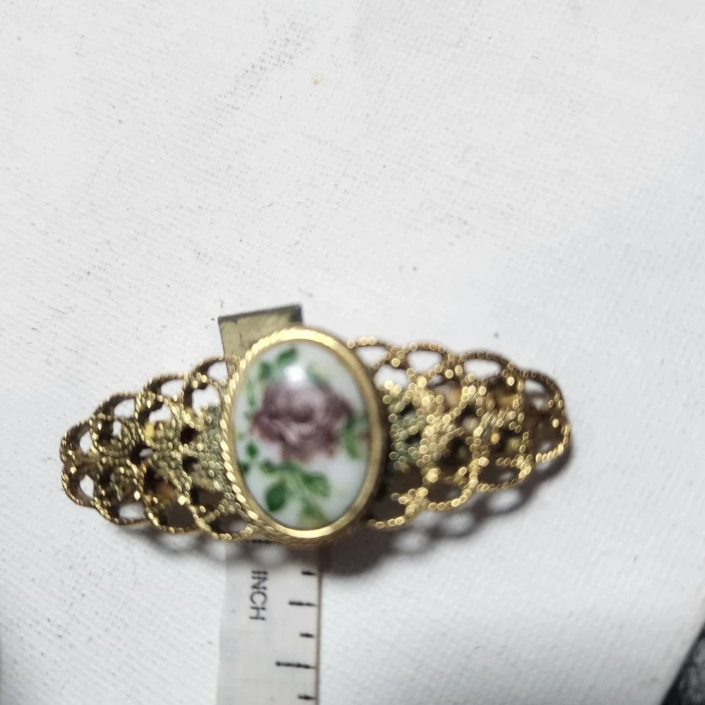 Vintage Gold Tone Filigree Rose Porcelain Cabochon Hair Barrette French Clip
